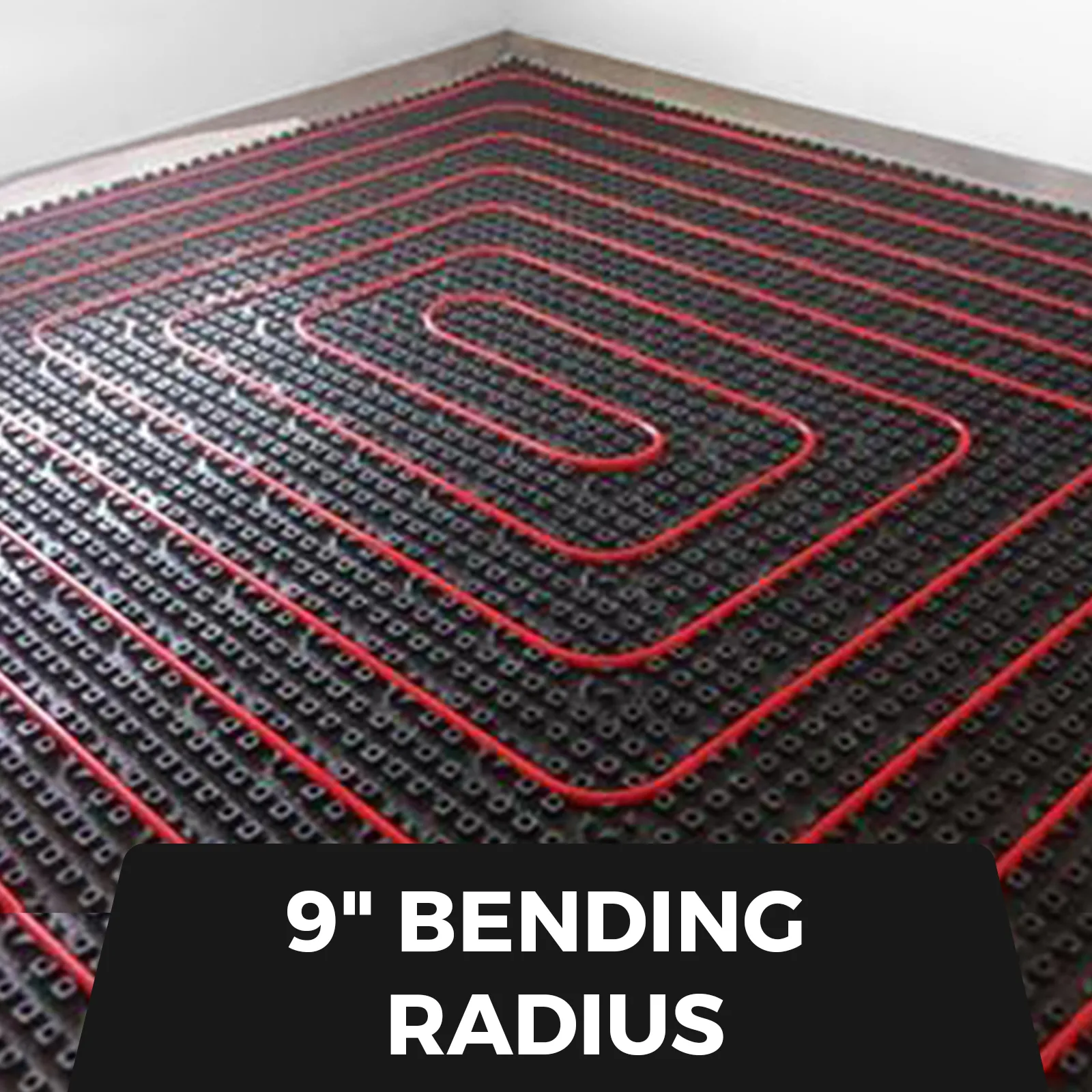 VEVOR pex pipe tubing in a 9" bending radius layout for floor heating systems.