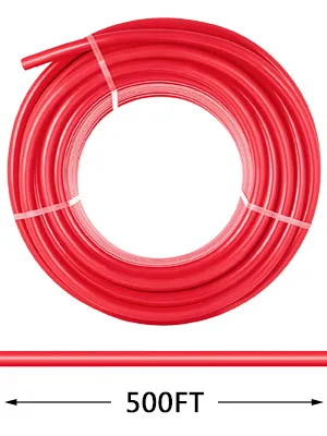 Tubo pex VEVOR en una bobina roja de 500 pies, que se muestra con una flecha de medición.