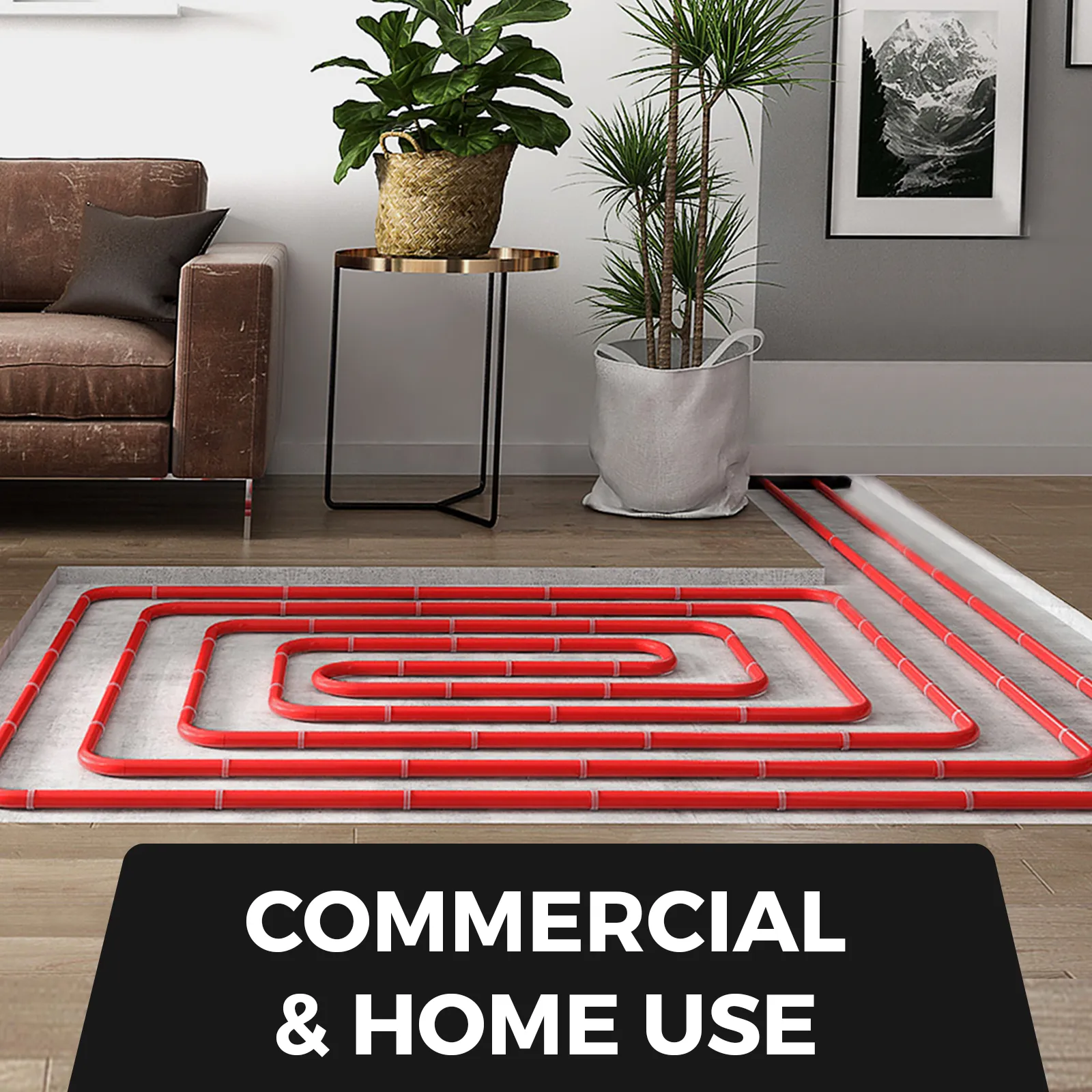 Tubo pex rojo VEVOR instalado en una sala de estar moderna con plantas y un sofá.