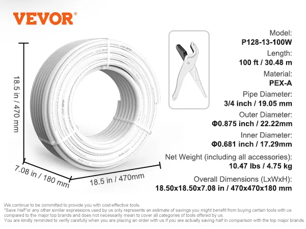 Tubo pex VEVOR de 3/4 de pulgada, 100 pies, incluye cortador de tubos, dimensiones 18,5 x 18,5 x 7,08 pulgadas, modelo p128-13-100w.