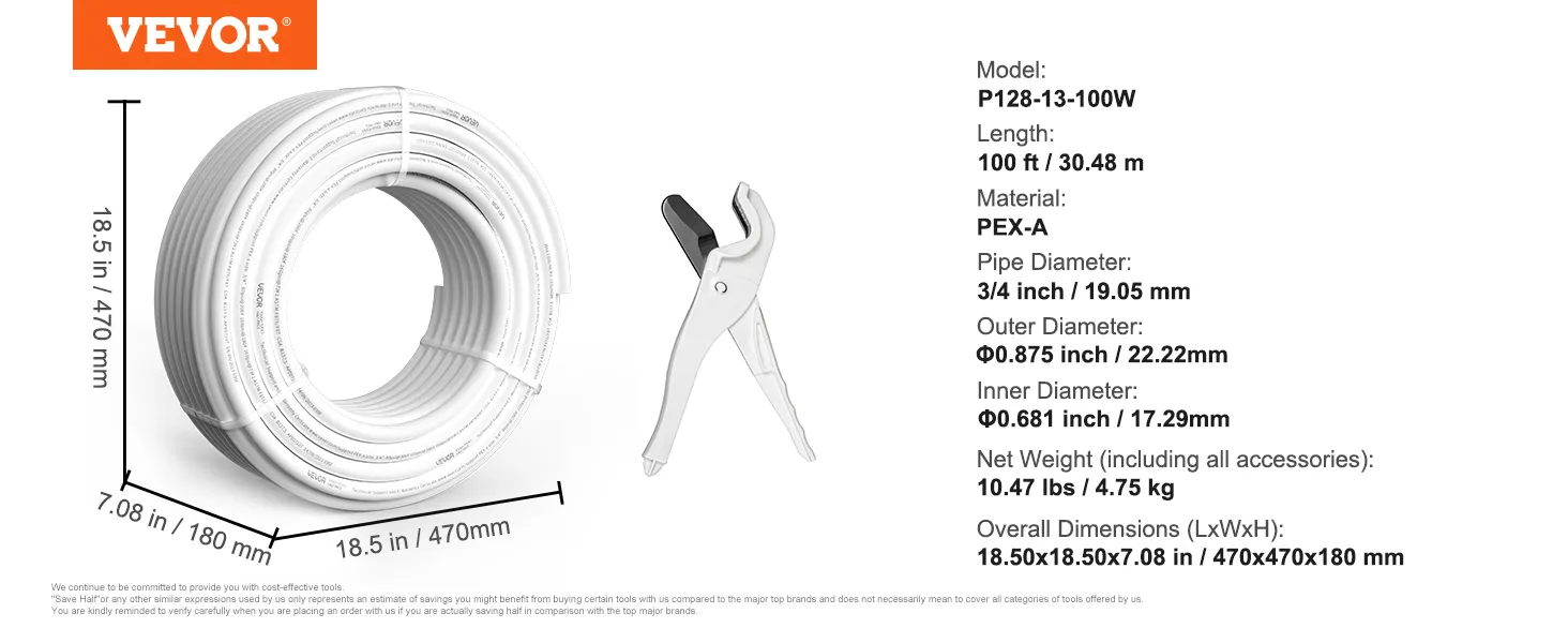 Tubo pex VEVOR de 3/4 de pulgada, 100 pies, incluye cortador de tubos, dimensiones 18,5 x 18,5 x 7,08 pulgadas, modelo p128-13-100w.