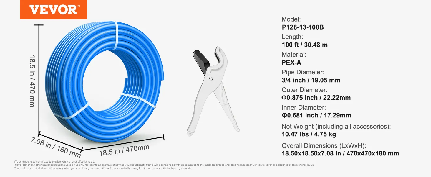 Tubo pex VEVOR, 100 pies, azul, pex-a, 3/4 de pulgada de diámetro, 0,681 pulgadas de diámetro interior, con herramienta de corte de tubería incluida.