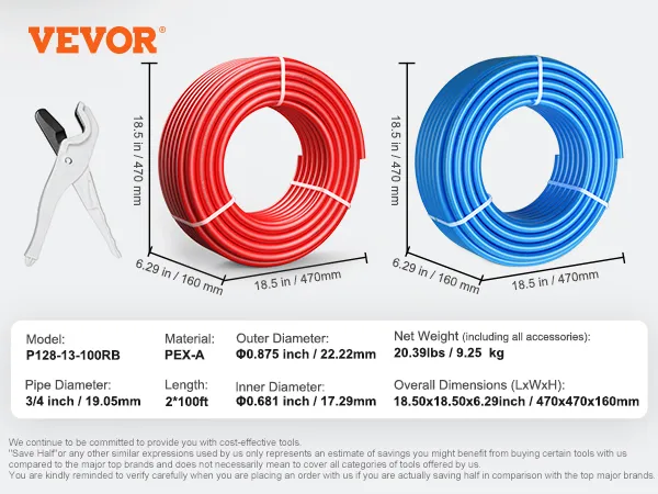 Rollos de tubos pex rojos y azules de VEVOR junto con cortadores de tubos, dimensiones y especificaciones mostradas.