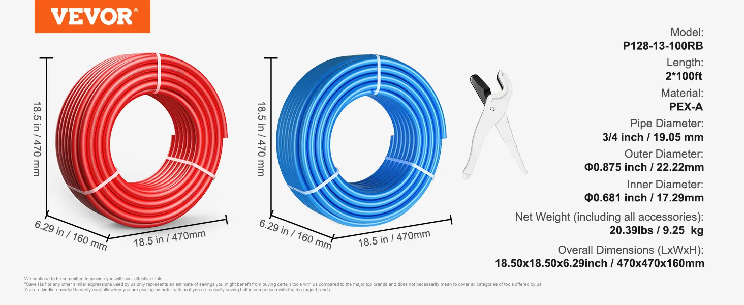Rollos de tubos pex rojos y azules de VEVOR junto con cortadores de tubos, dimensiones y especificaciones mostradas.