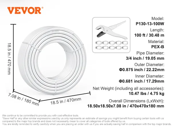 Bobina de 100 pies de tubería pex VEVOR con especificaciones, herramienta de corte y 10 abrazaderas. Dimensiones de la tubería: 18,5 x 7,08 pulgadas.