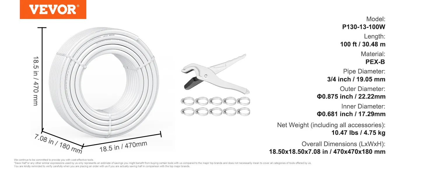 Bobina de 100 pies de tubería pex VEVOR con especificaciones, herramienta de corte y 10 abrazaderas. Dimensiones de la tubería: 18,5 x 7,08 pulgadas.