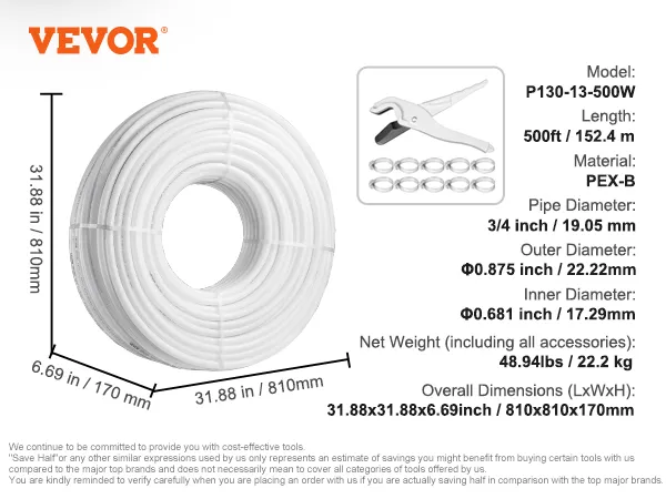 Bobina de 500 pies de tubería PEX de VEVOR con cortador, clips y dimensiones mostradas.