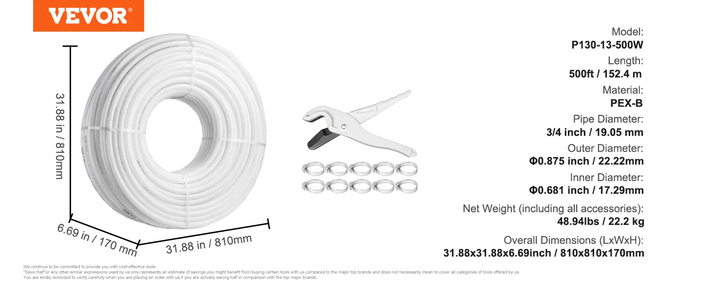 Bobina de 500 pies de tubería PEX de VEVOR con cortador, clips y dimensiones mostradas.