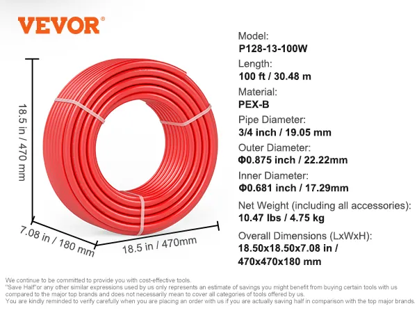 VEVOR pex pipe 100 ft roll with cutter and clamps, 3/4 inch diameter, bright red color, 18.5x18.5x7.08 in.