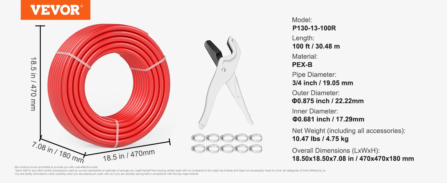 VEVOR pex pipe 100 ft roll with cutter and clamps, 3/4 inch diameter, bright red color, 18.5x18.5x7.08 in.