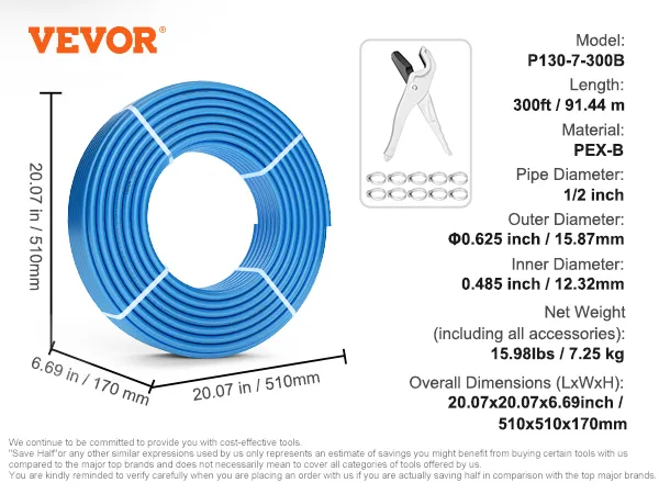 Tubo pex VEVOR de 300 pies y 1/2 pulgada de diámetro que se muestra con herramienta de corte y abrazaderas.