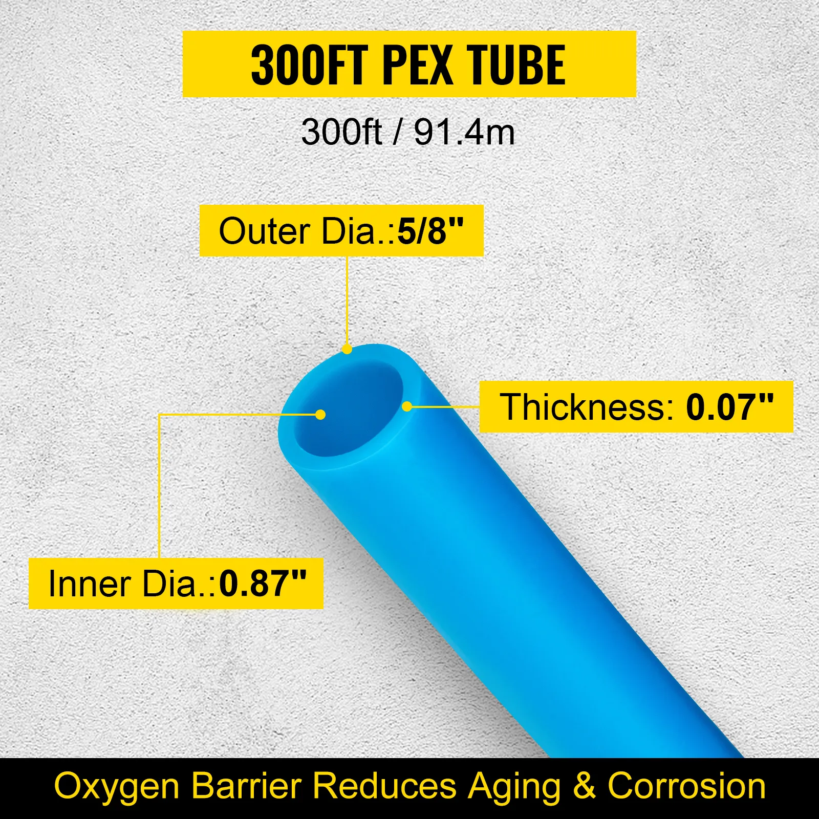 Tubo pex VEVOR de 300 pies, diámetro exterior de 5/8", diámetro interior de 0,87", espesor de 0,07".
