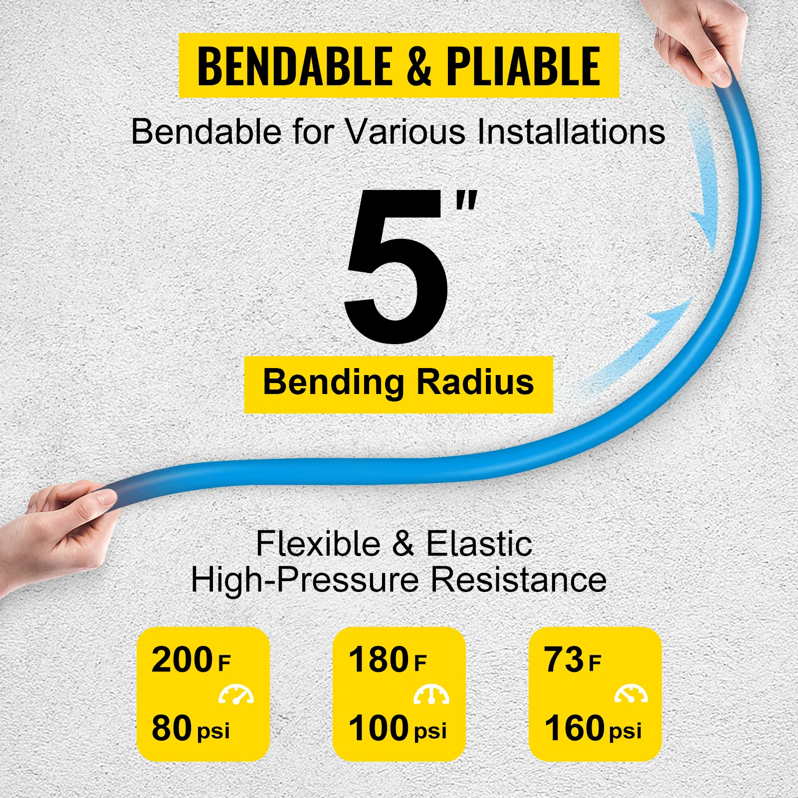 Tubo pex VEVOR con radio de curvatura de 5", flexible y resistente a alta presión.