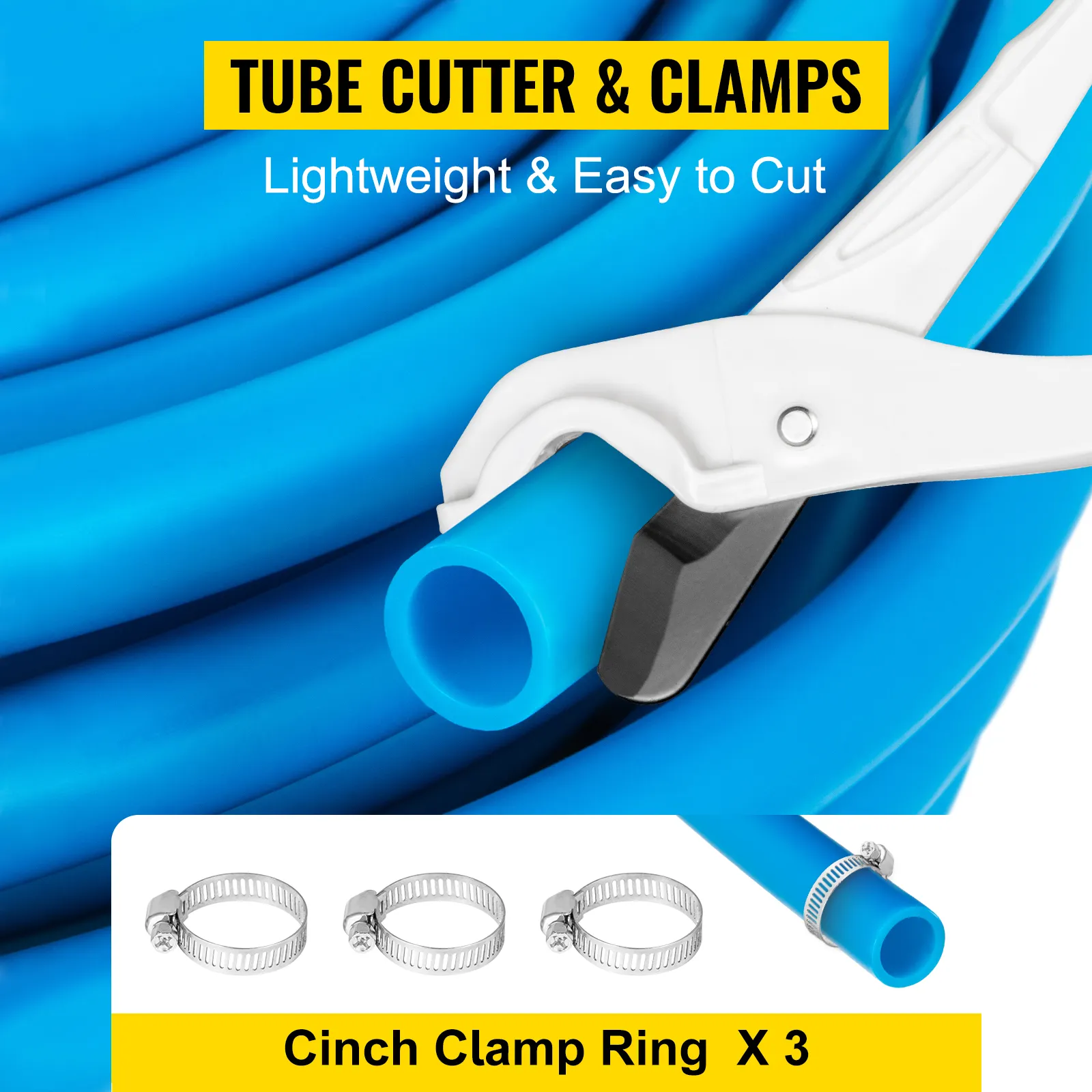 Cortador de tubos que muestra tubos pex VEVOR azules y anillos de abrazadera cinch. Ligero y fácil de cortar.