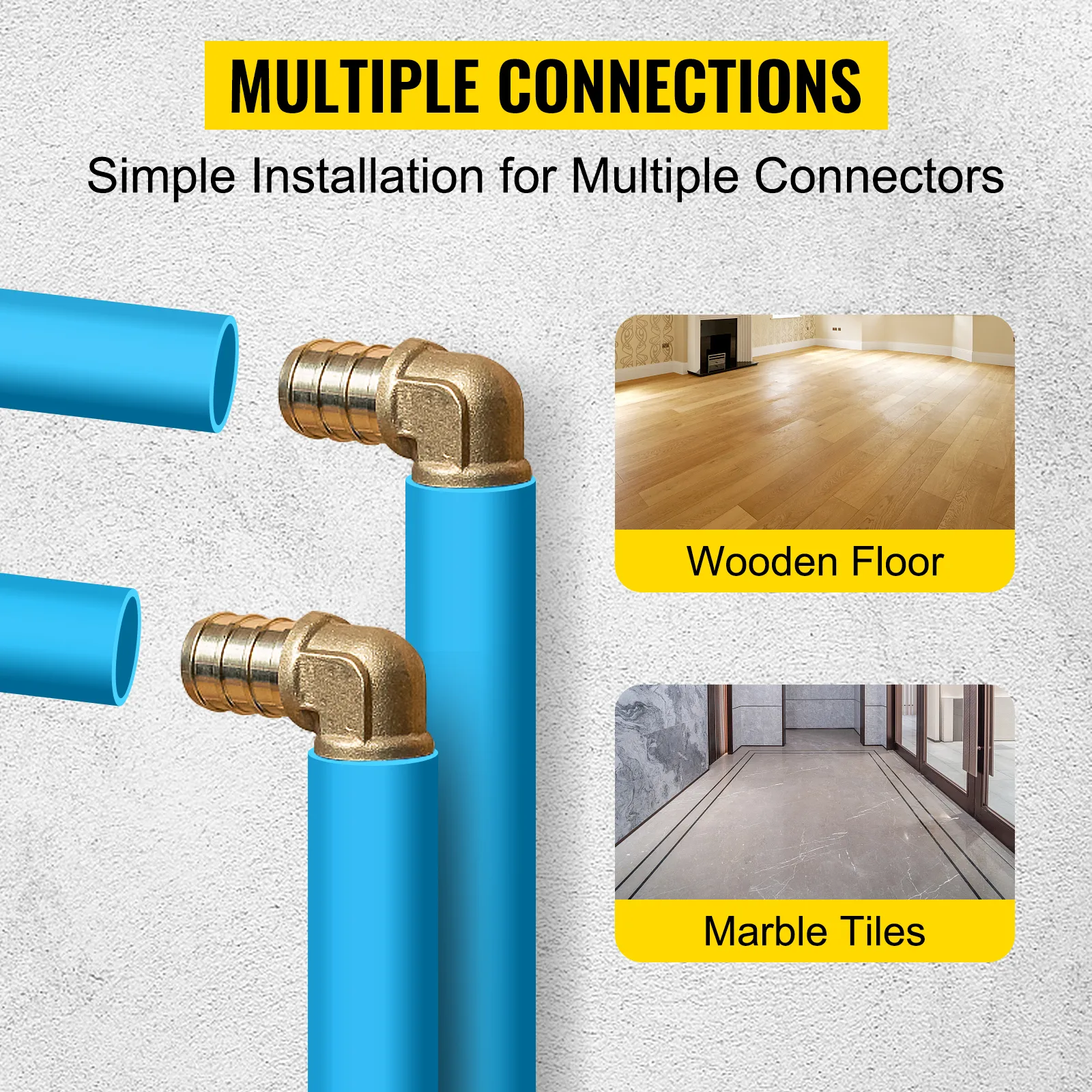 Tubo pex VEVOR para conexiones múltiples en suelos de madera y baldosas de mármol.