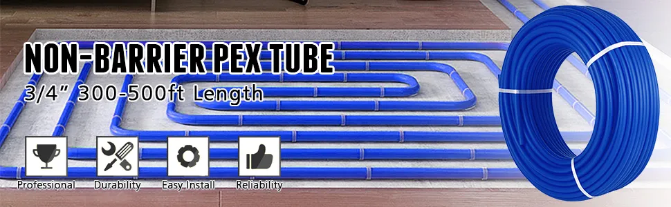 VEVOR pex tubing coiled beside installed tubing on floor, highlighting features.