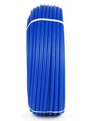 coiled blue VEVOR pex tubing with white ties on a white background.