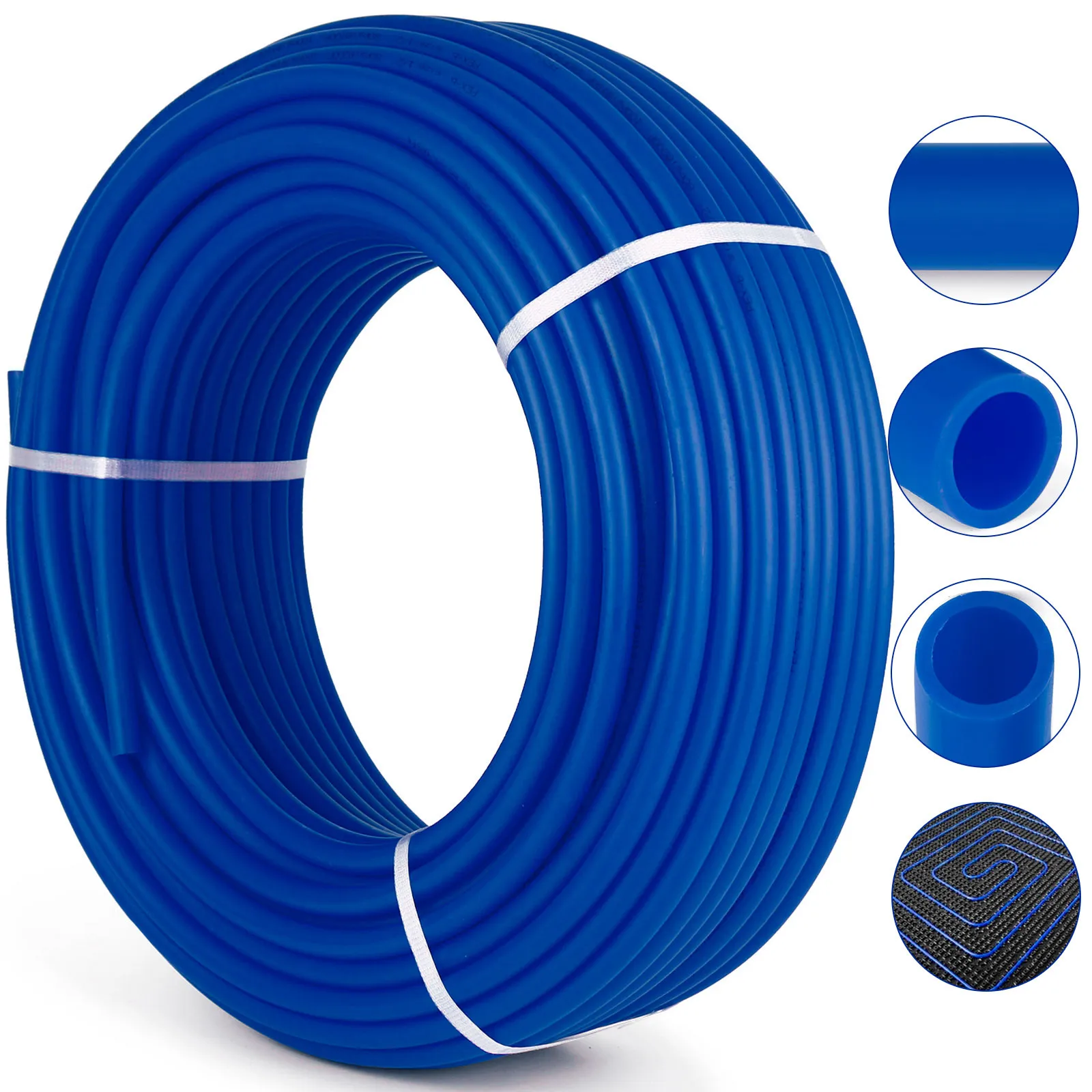 blue VEVOR pex tubing roll with close-up views of interior and exterior details.