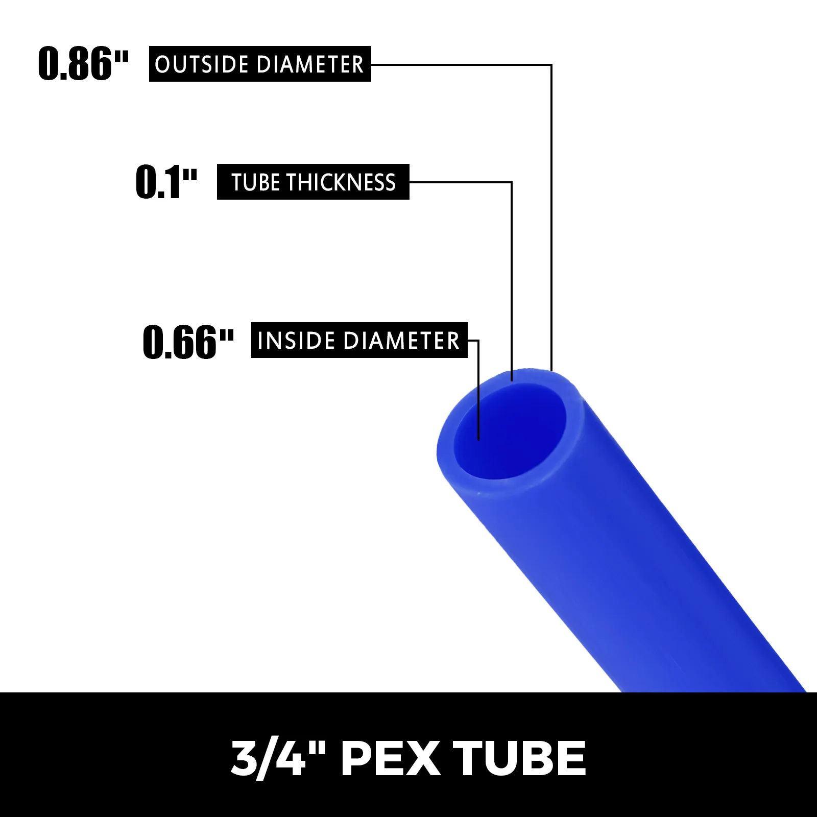 VEVOR pex tubing, 3/4", 0.86" od, 0.66" id, 0.1" thickness, blue tubing