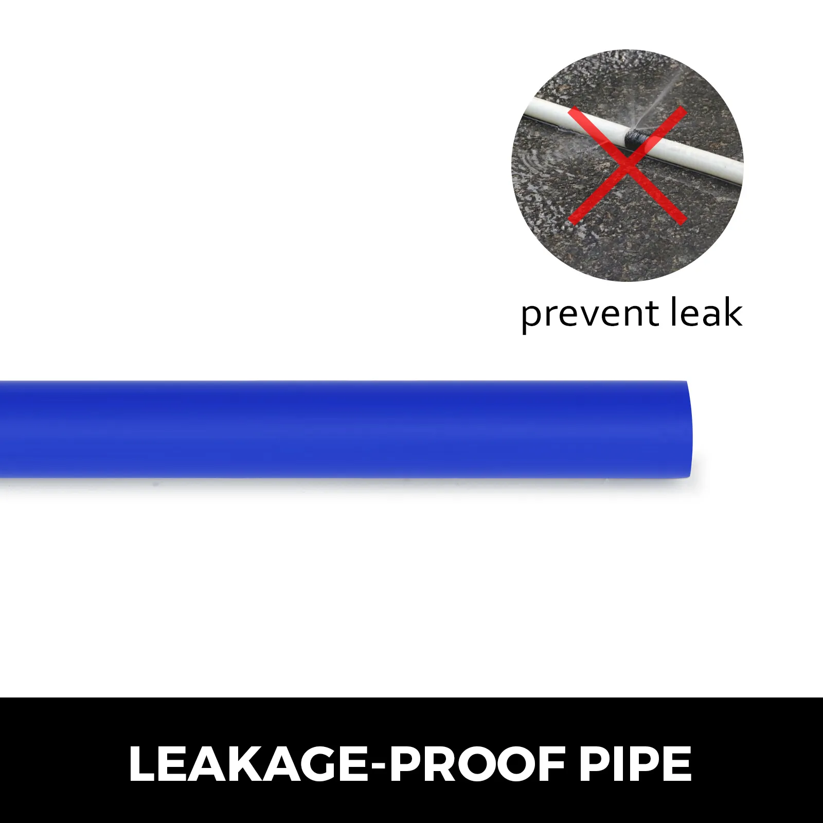 VEVOR pex tubing in blue with "prevent leak" message and leakage-proof pipe text.