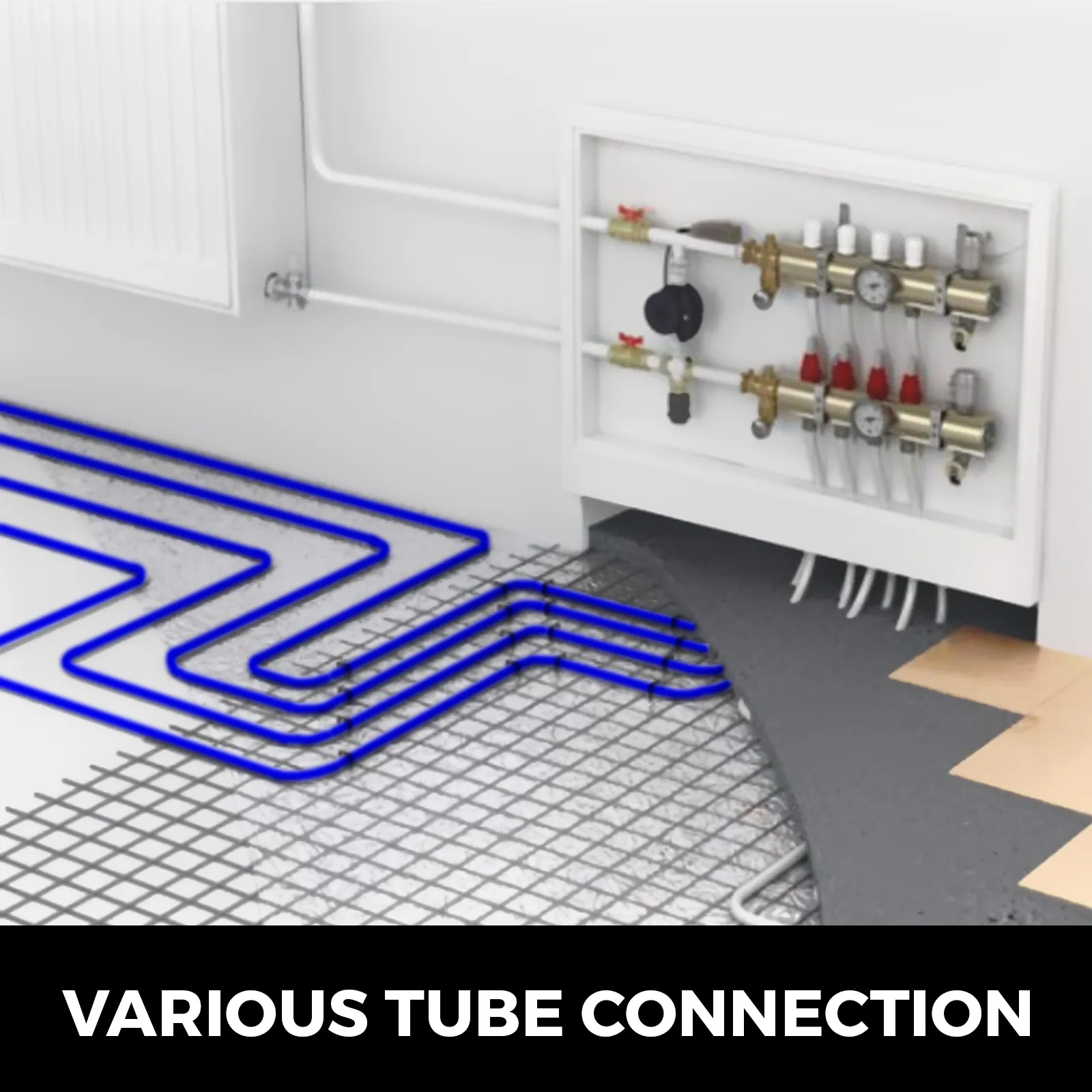 VEVOR pex tubing for floor heating system showing manifold and pipe layout in construction.