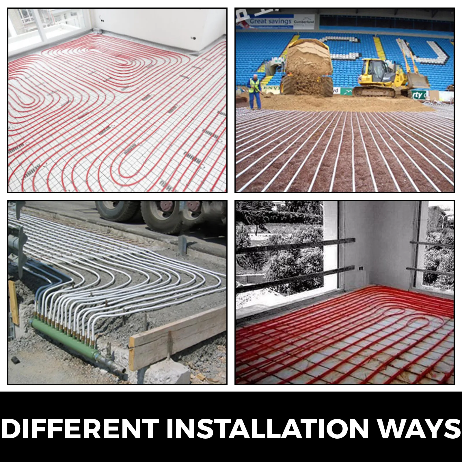 four different VEVOR pex tubing installation methods shown in various environments.