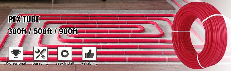 VEVOR pex tubing in-floor heating, options of 300ft, 500ft, and 900ft lengths.