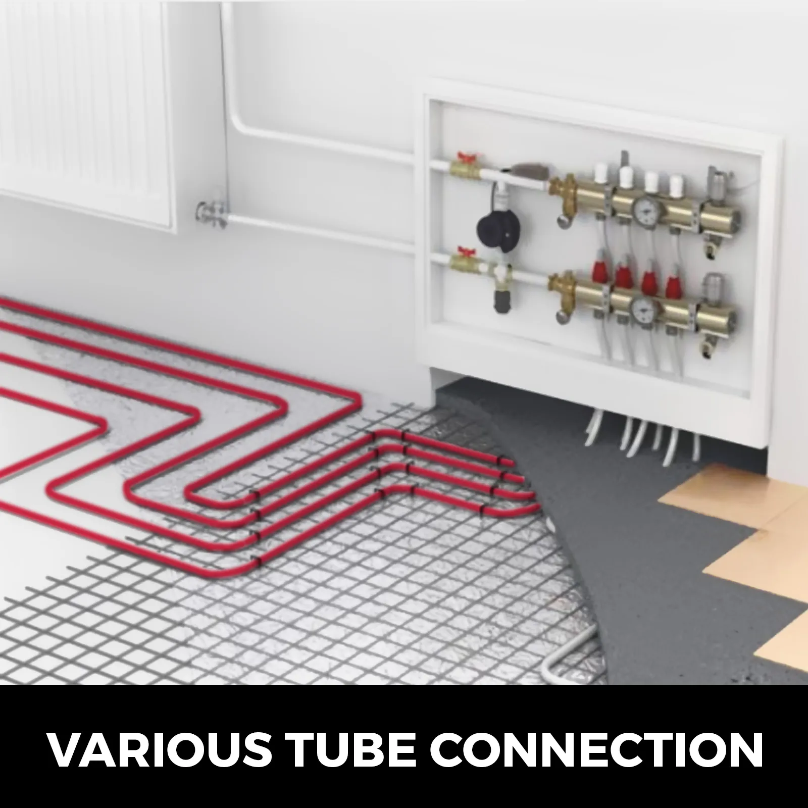 radiant floor heating system with VEVOR oxygen barrier pex tubing and a manifold.
