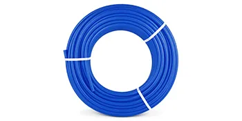 Tubo pex VEVOR enrollado en azul asegurado con bridas blancas sobre un fondo blanco.