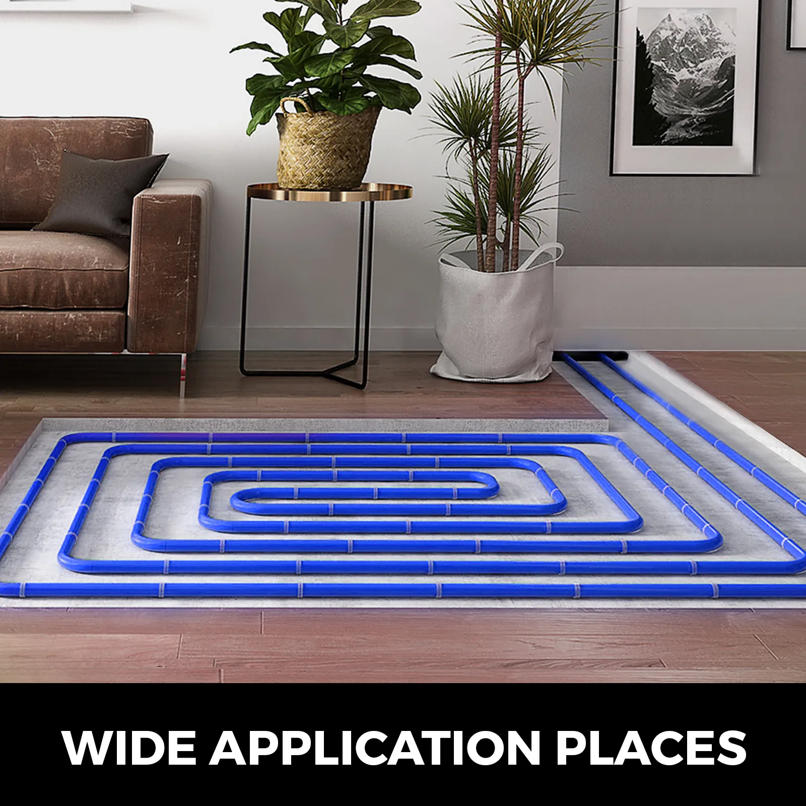 Instalación de tubos pex VEVOR en una sala de estar moderna con plantas y arte de pared.