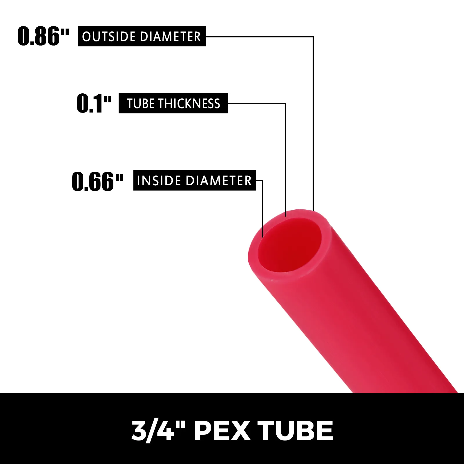 Tubo pex VEVOR, 3/4" con 0,86" de diámetro exterior, 0,1" de espesor y 0,66" de diámetro interior en rojo.