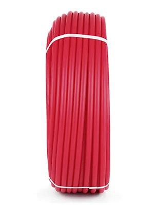 red roll of VEVOR pex tubing bundled by white straps.