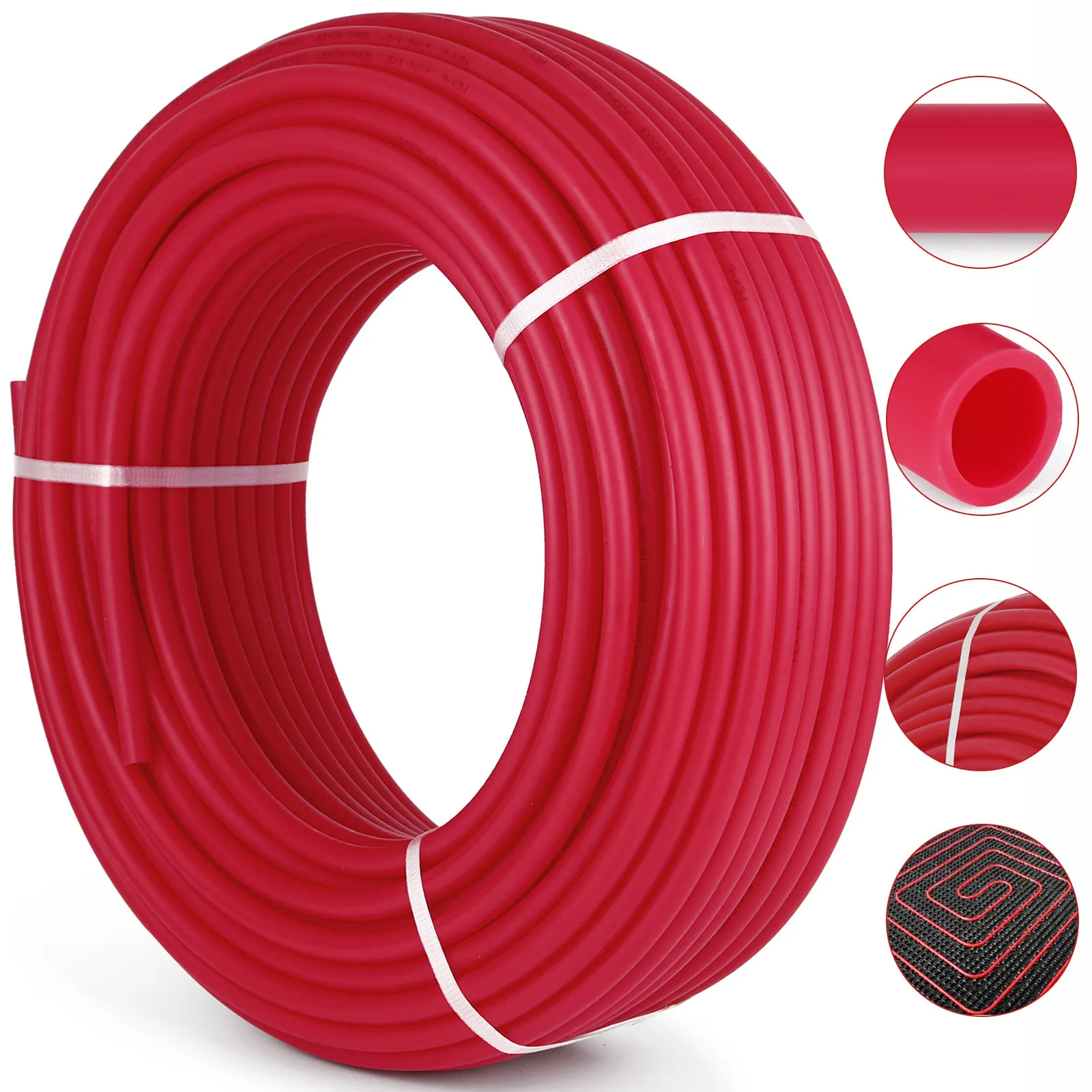 red VEVOR pex tubing coil with close-up details of texture and internal structure.