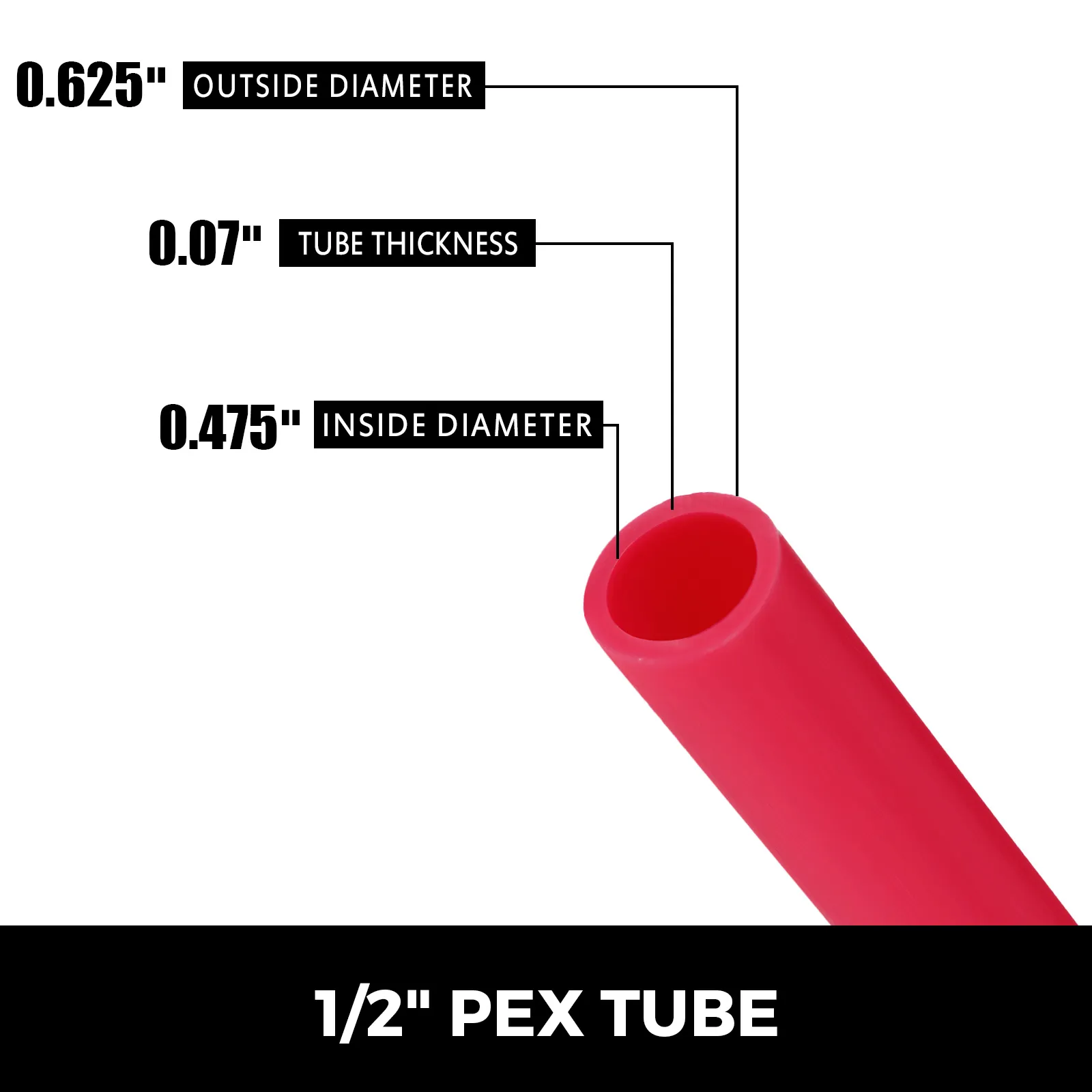 VEVOR pex tubing 1/2" dimensions: 0.625" od, 0.475" id, 0.07" thickness.