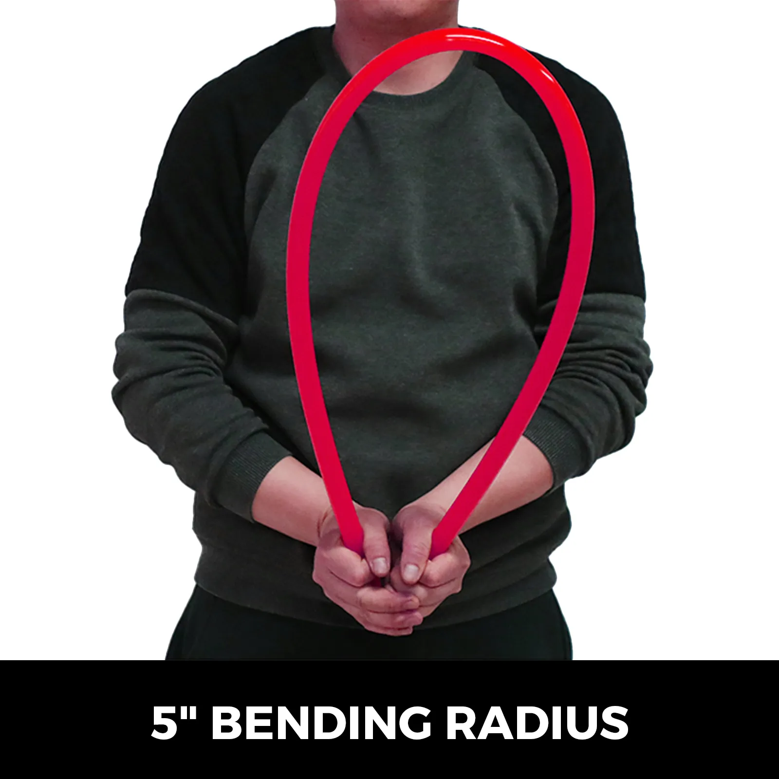 man bending VEVOR pex tubing to demonstrate 5" bending radius.