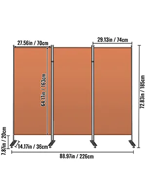 VEVOR office partition with orange panels, dimensions labeled in inches and centimeters.