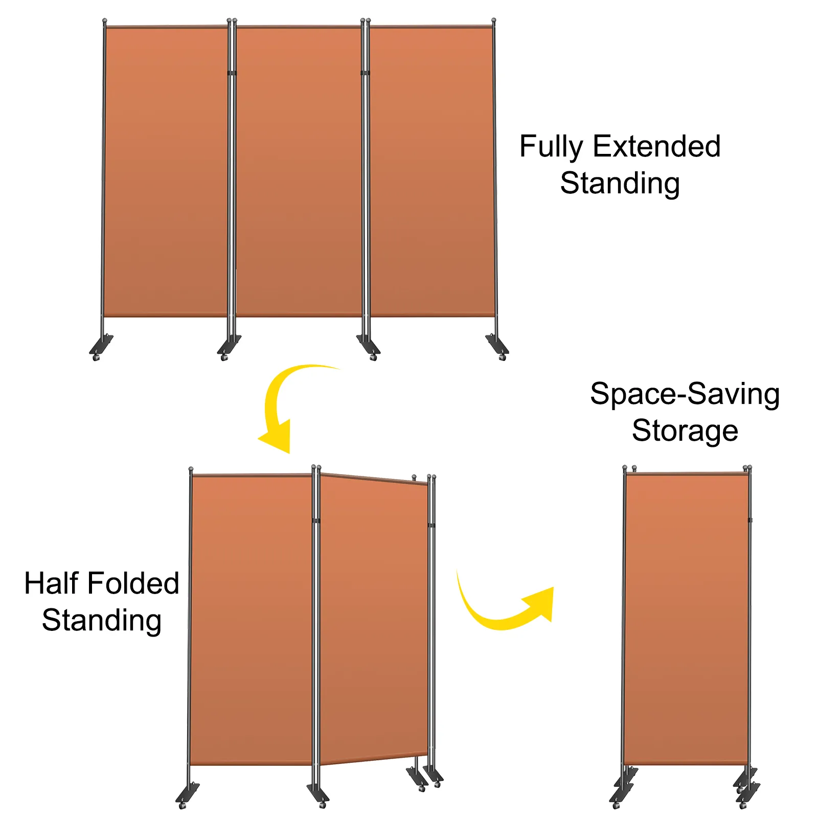 VEVOR office partition: fully extended, half folded, and space-saving storage options.