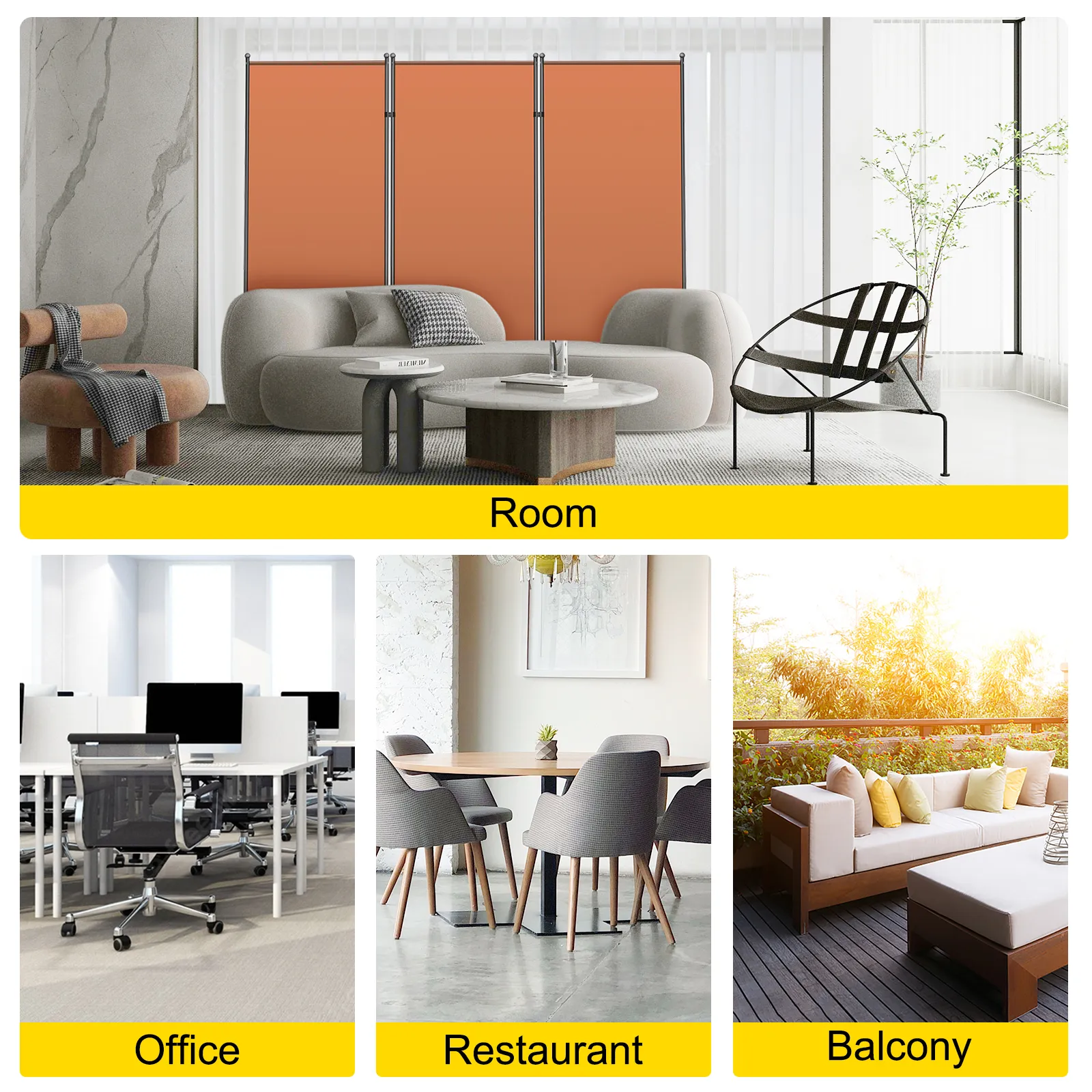 VEVOR office partition showing diverse setups: modern room, office, restaurant, balcony.