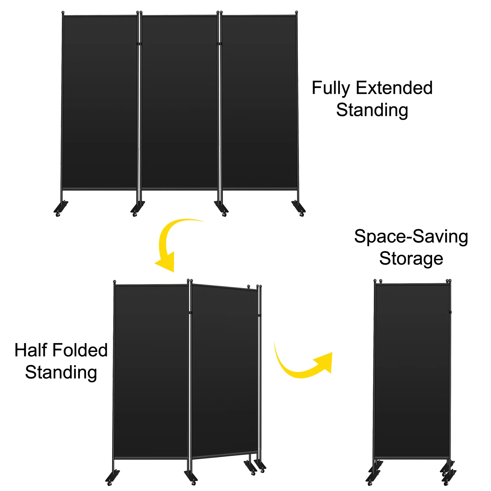 VEVOR office partition in extended, half-folded, and space-saving storage positions.
