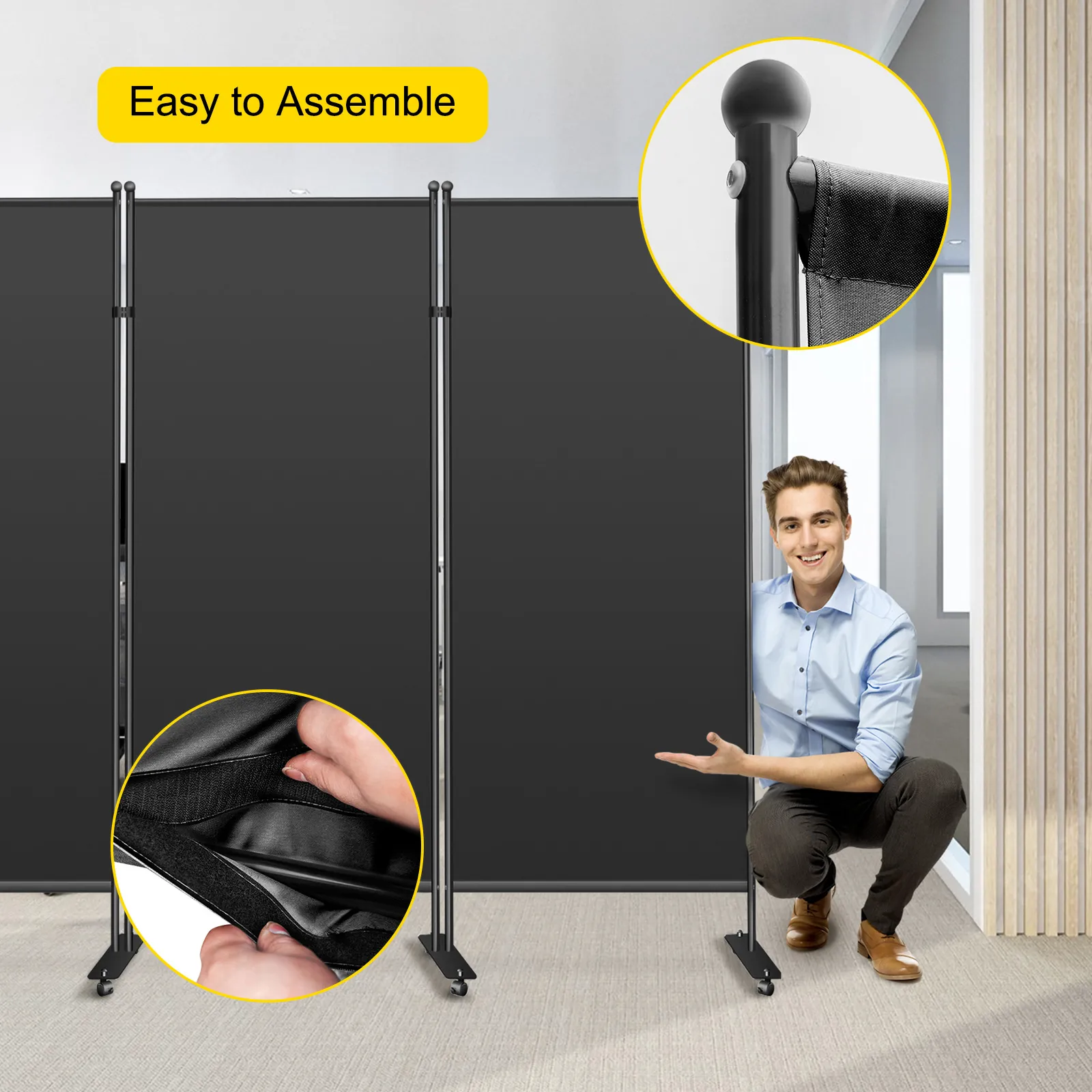 VEVOR office partition, easy to assemble, black panel, adjustable support poles.