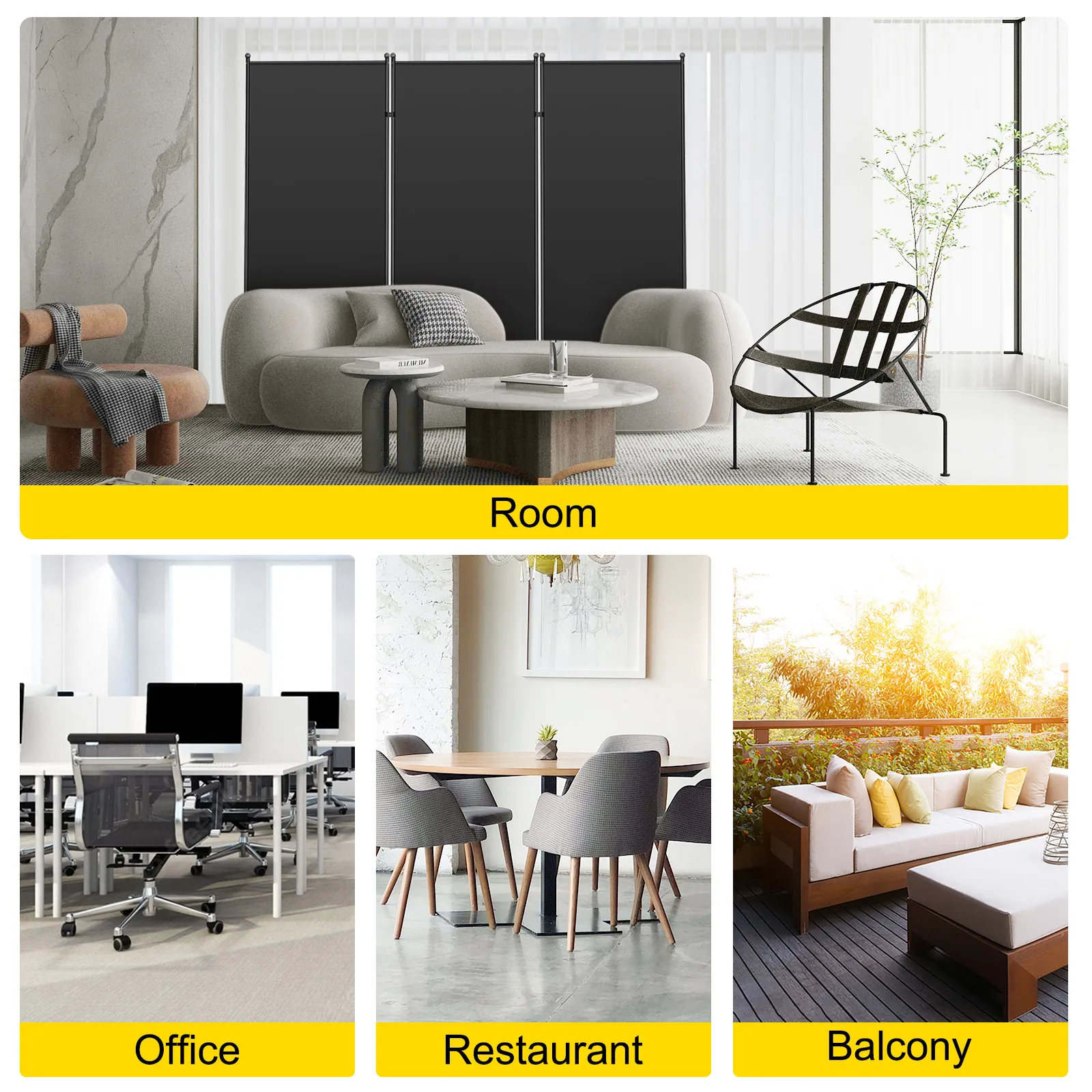 VEVOR office partition in room with modern furniture, office, restaurant, and balcony setups.
