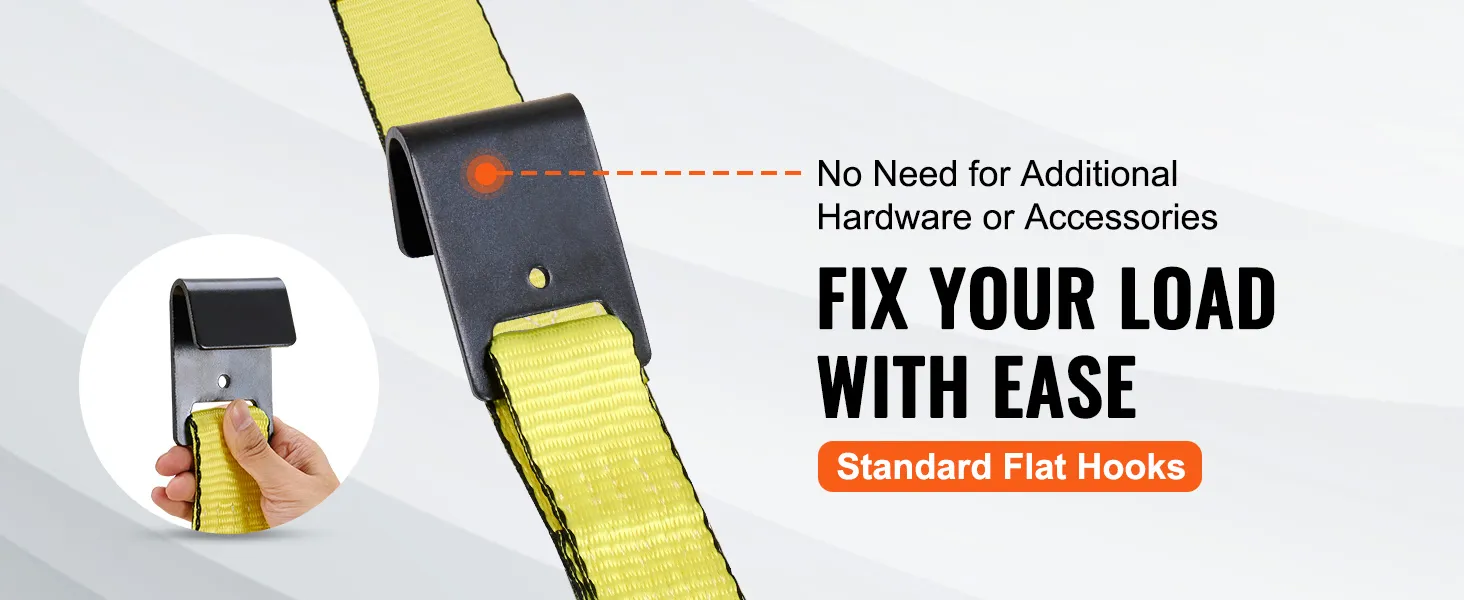 yellow VEVOR ratchet tie down straps with black standard flat hooks for easy load fixing.