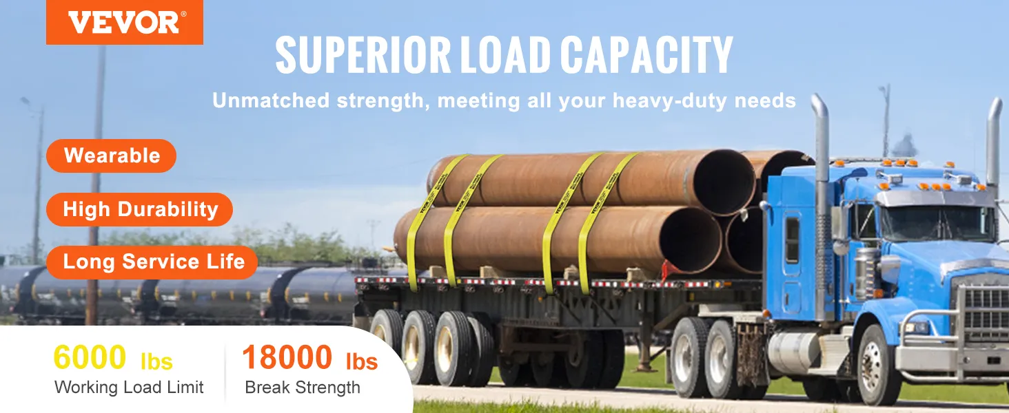 VEVOR-Windengurte sichern große Rohre auf einem blauen LKW und zeigen überlegene Tragfähigkeit und Haltbarkeit.