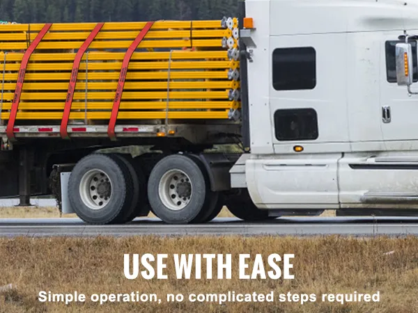 white truck transporting yellow poles secured with VEVOR winch straps on the highway.