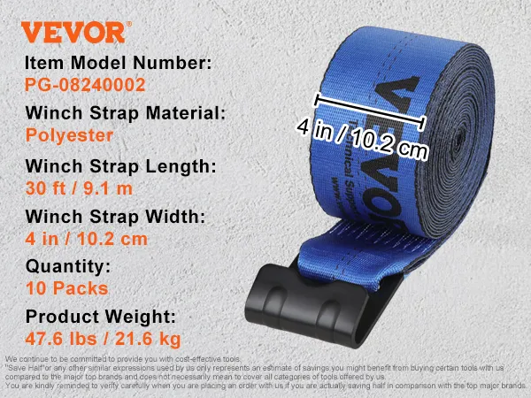 VEVOR winch straps: 30ft blue polyester strap, 4in width, 18000lbs break strength, carbon steel hook.