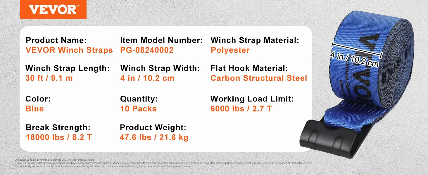VEVOR winch straps: 30ft blue polyester strap, 4in width, 18000lbs break strength, carbon steel hook.
