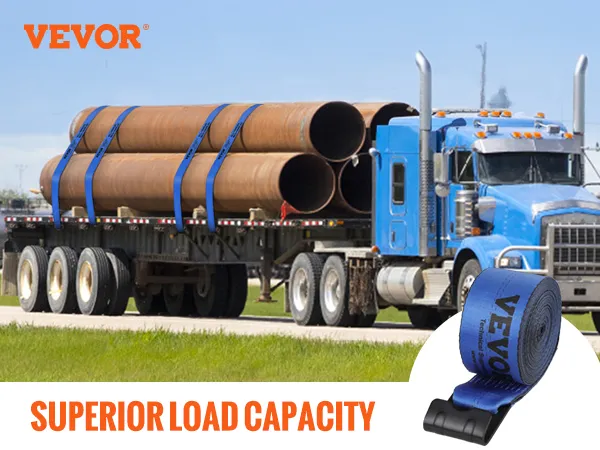 VEVOR-Windengurte sichern große Rohre auf einem blauen LKW und sorgen so für eine überlegene Tragfähigkeit.