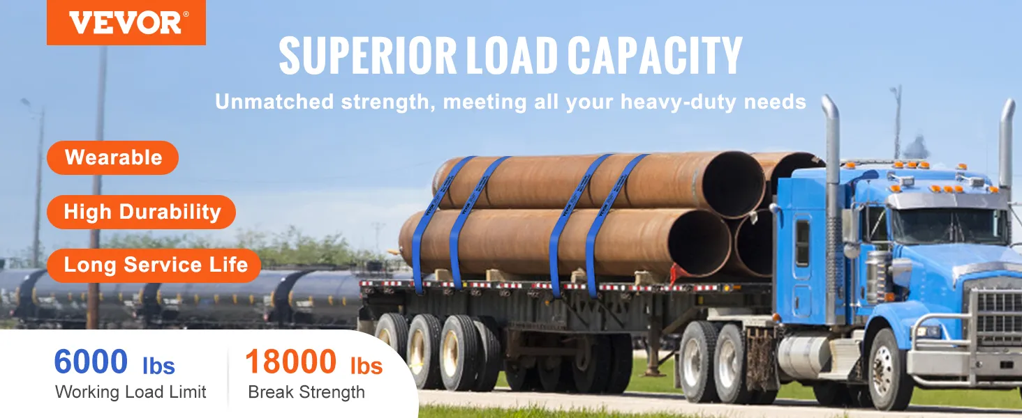 VEVOR-Windengurte sichern große Rohre auf einem blauen LKW und sorgen so für eine überlegene Tragfähigkeit.