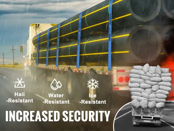 truck on a rainy highway secured with VEVOR winch straps; text highlights increased security features.