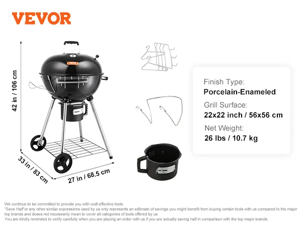 Parrilla de carbón VEVOR, superficie de 22 x 22 pulgadas, 26 libras, esmaltada en porcelana, dimensiones 42 x 33 x 27 pulgadas.